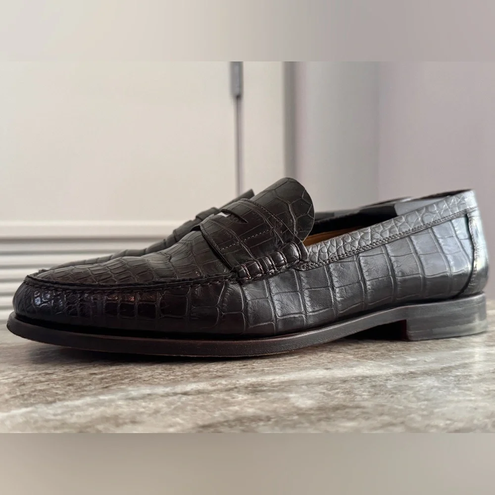 HERMES Crocodile Brown Alligator Leather Penny Loafer Shoes 10 US 43 Euro 9 UK - Picture 3 of 16